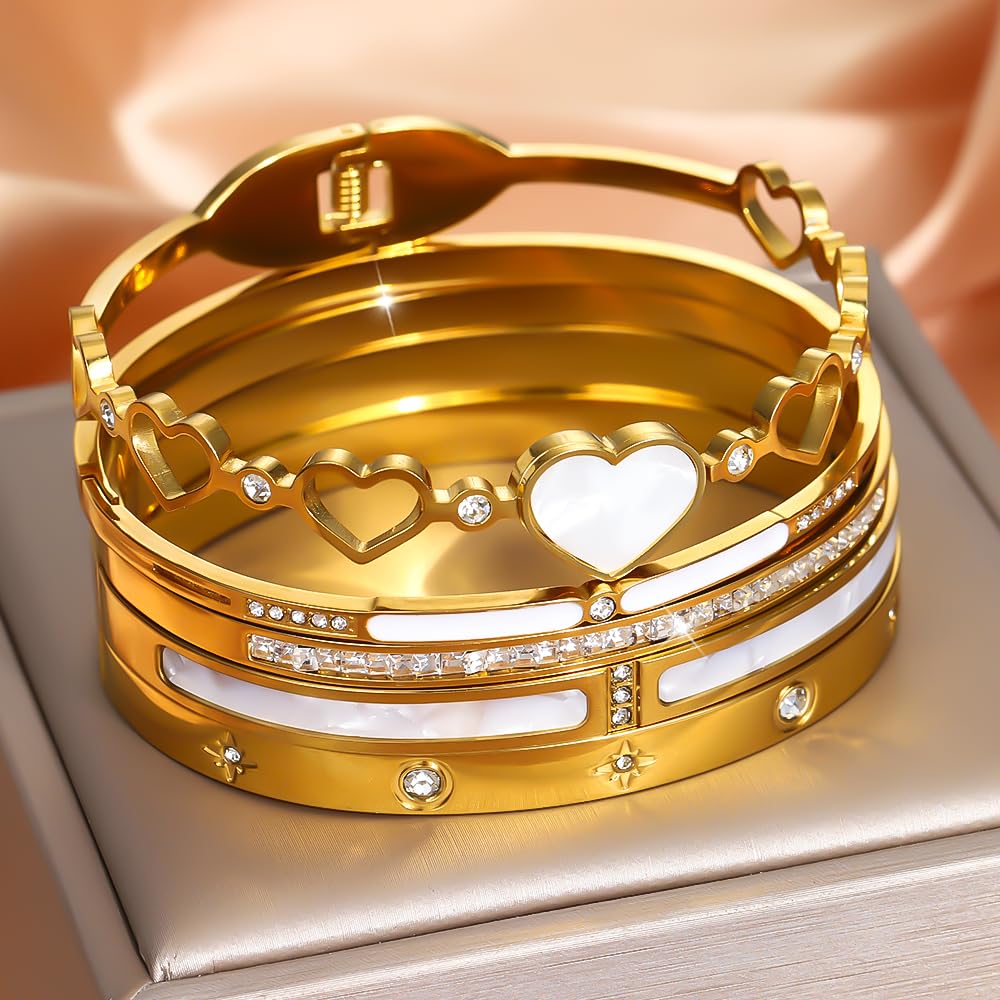 ZhiRui Women's 18K Gold Plated Stackable Bangle Bracelet Set - Waterproof Mother of Pearl Heart Cubic Zirconia Jewelry - Perfect for Valentine's Day & Thoughtful Gifts for Women