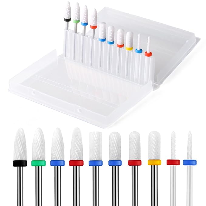 10Pcs Ceramic Nail Drill Bits，3/32 Nail Drill Bits Set for Acrylic Gel Nails Professional Rotary Burrs Electric Manicure Pedicure Nail File Cuticle Remover Crystal Nail Extension