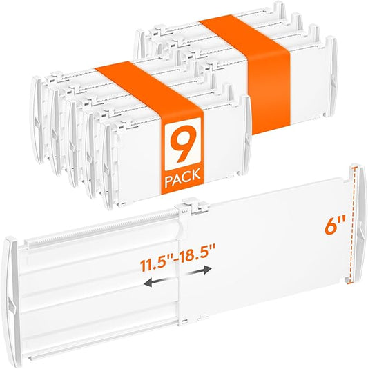 Lifewit 6" Tall 9 Pack Drawer Dividers, 30-47cm/11.5-18.5" Expandable Drawer Divider for Clothes, Adjustable Dresser Drawer Organizers, Drawers Separators for Dresser/Bathroom/Closet/Kitchen White