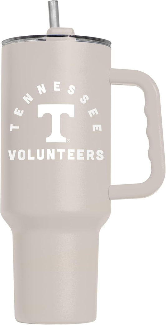 Logo Brands NCAA Tennessee Volunteers Sand 40 oz Tumbler with Handle - Stylish Everyday Use Powder Coated-Stainless Steel with Straw- Keeps Cold For Hours