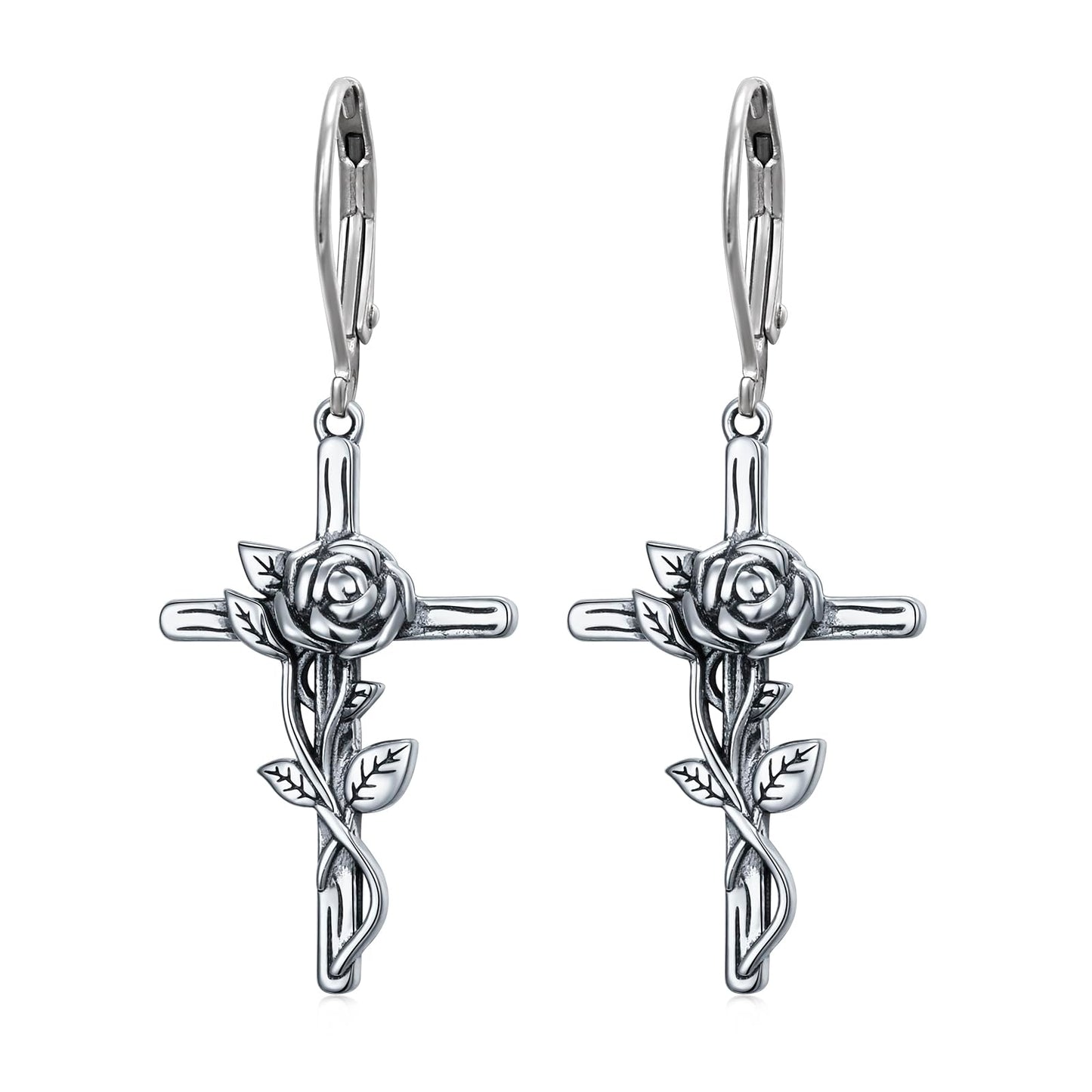 SHAOAN Rose Flower Cross Dangle Earrings for Women 925 Sterling Silver Earring Jewelry Gifts for Christmas Valentine's Day Birthday