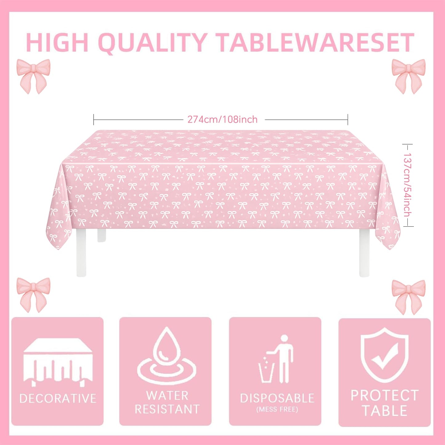 219 pcs Pink Party Decorations Set with Bow Theme, Plates, Napkins, Cups, Cutlery, Balloons, Happy Birthday Foil Banner, Bow Foil Balloons, Tablecloth, and Stickers, Serves 24