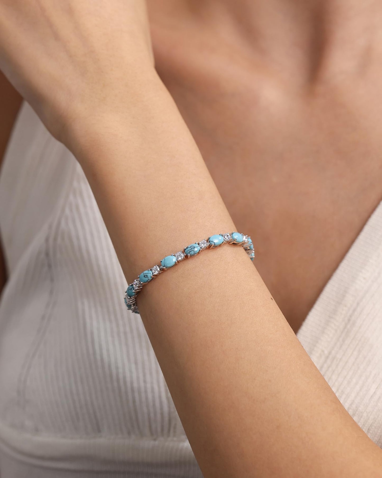 FANCIME Sterling Silver Created Turquoise Tennis Bracelet December Birthstone Bracelet Oval Gemstone Dainty Fine Jewelry Birthday Day Gift for Women 7"