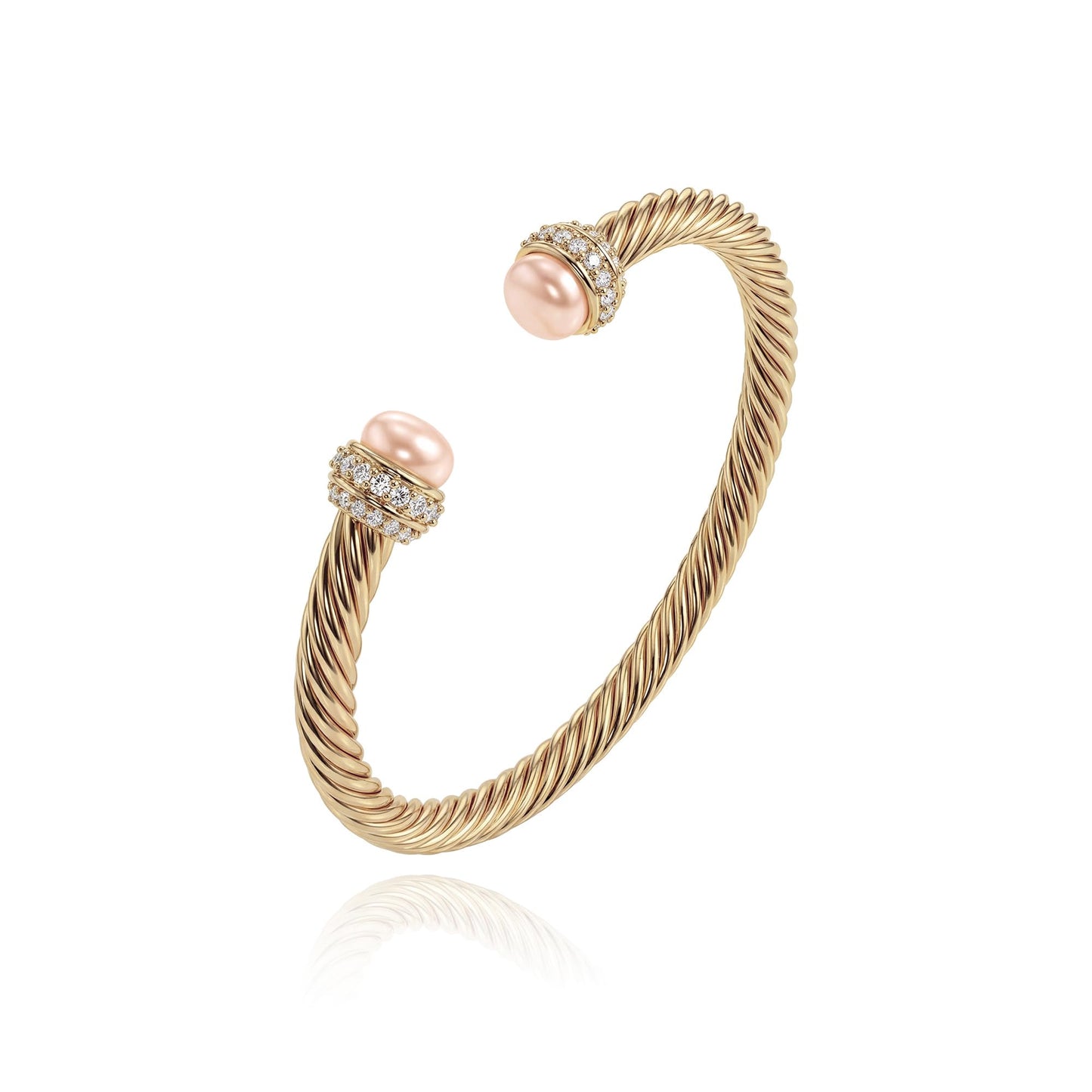 Fettero Gold Cuff Bangle Bracelets for Women - 14K Gold Plated Adjustable Open Cuff Friendship Bracelets Twisted Cable Bangle Bracelet Lightweight Pink Pearl Bracelet for Dainty Jewelry
