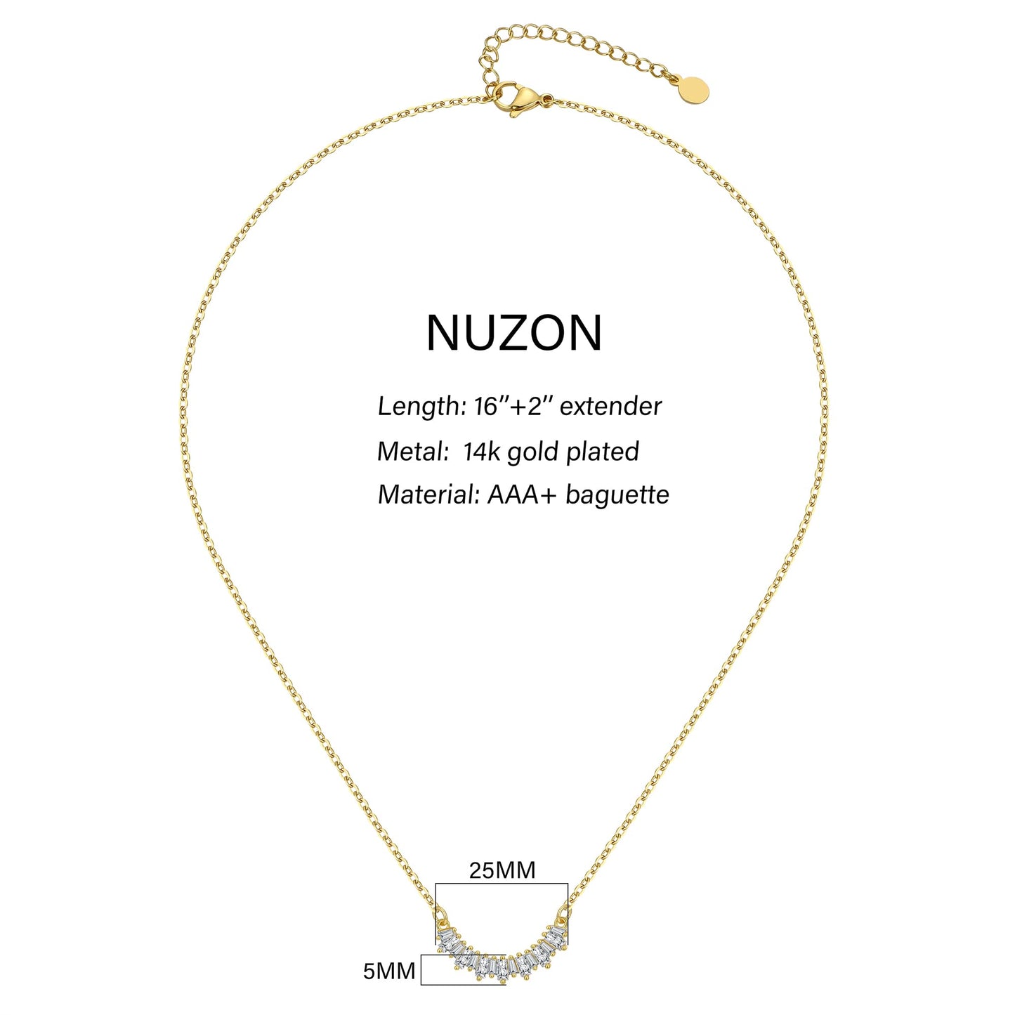 NUZON 18K Gold Plated CZ Bar Pendant Necklace for Women Curved Cluster Diamond Choker Necklace Cubic Zirconia Smile Chain Necklace Dainty Layering Jewelry 16’’