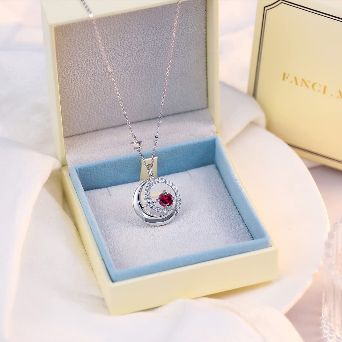 FANCIME Ruby Necklace 925 Sterling Silver July Birthstone Moon Star Pendant Red Created Gemstone Fine Jewelry Birthday Anniversary Mothers Day Gifts for Women Mom Daughter, Adjustable Chain 16"+2"