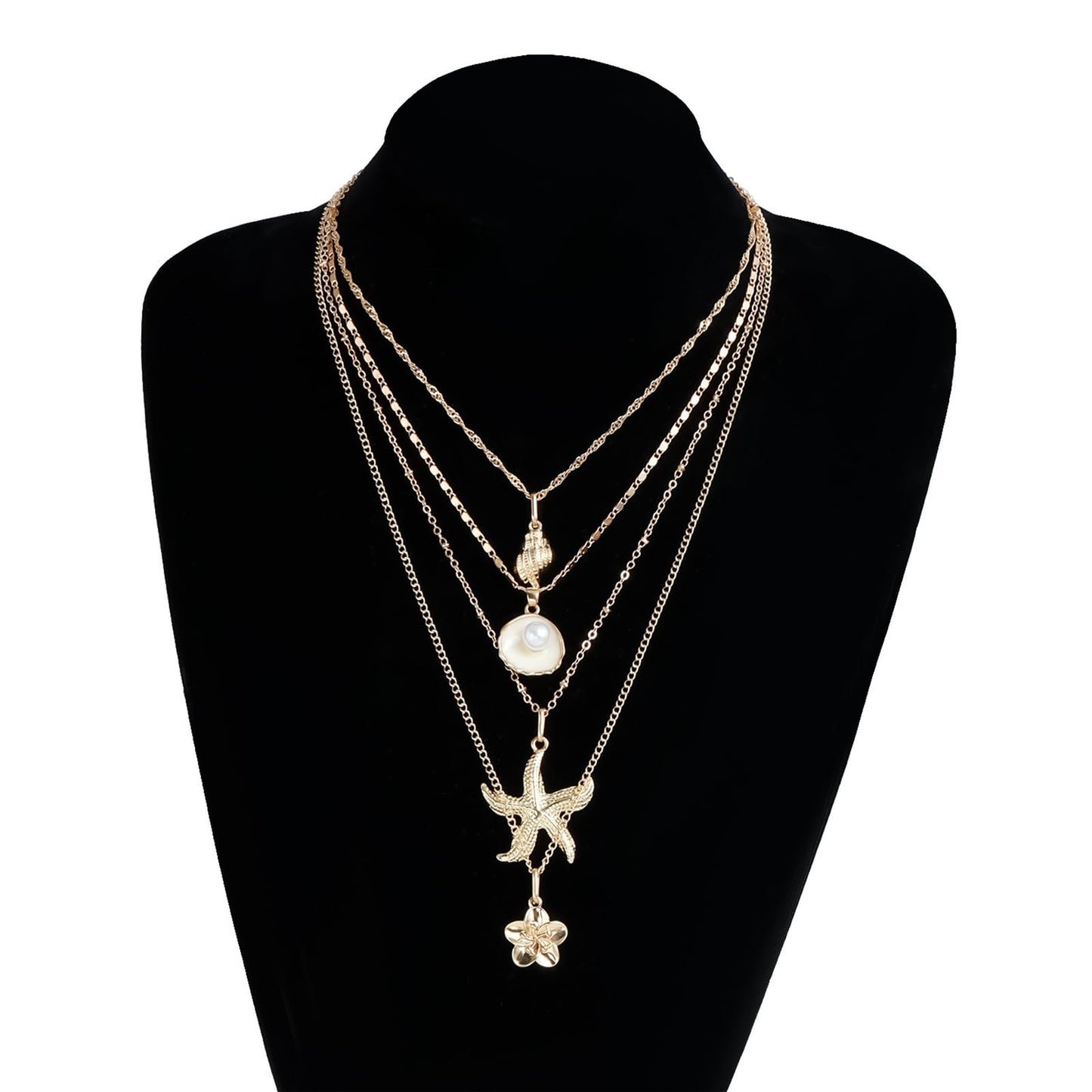 4 Pcs Seashell Starfish Necklace for Women Gold Starfish Pearl Boho Necklace Trendy Shell Flower Pendant Necklace Dainty Multi Layered Seashell Necklace Summer Beach Vacation Jewelry Gifts (flower)