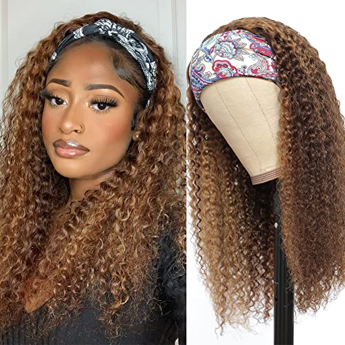 Eooma #4/30 Omber Headband Wig Curly Human Hair Wigs for Black Women 10A 180% Density Brazilian Kinky Curly Human Hair Headband Wigs Scarf No Gel Gluelees 22 Inch Remy Hair