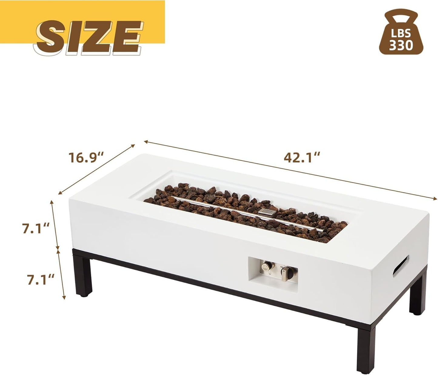 ECOTOUGE Rectangle Gas Fire Pit, 42 ''Outdoor Propane Firepit Table, Concrete Fire Table w/50,000 BTU Auto-Ignition,Shelves, Weather-Resistant Pit Cover, Lava Rocks, No Tank Holder, White