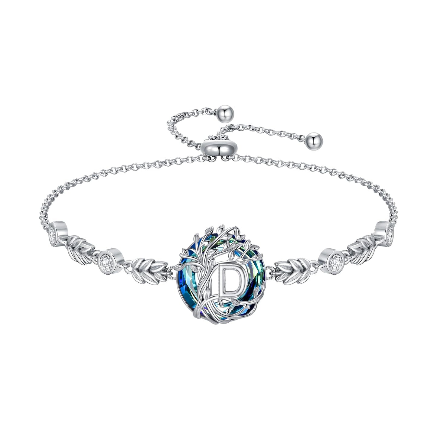 TOUPOP Tree of Life Initial Bracelet Sterling Silver Initials D Letter Link Bracelets Blue Circle Crystal Family Tree Birthday Mothers Day Jewelry Gifts for Women Mom Wife