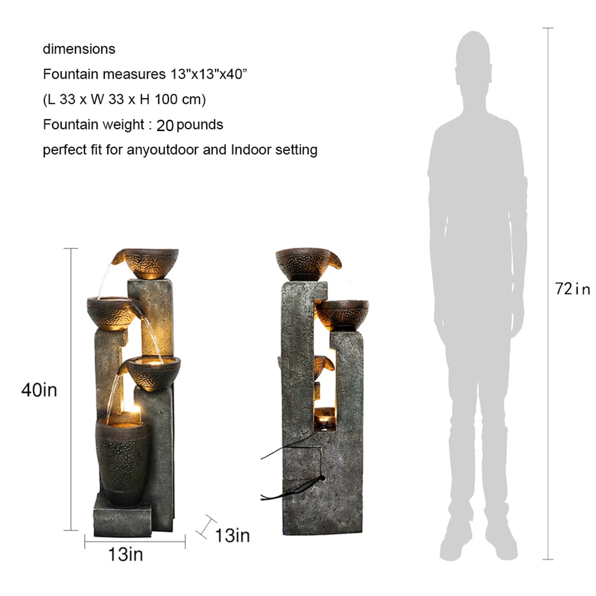Hamiedun 40''H 4-Tier Outdoor Garden Water Fountain Decor, Resin Fountain for Garden, Floor Patio, Deck, Porch, Backyard and Home Art Decor (40inch)
