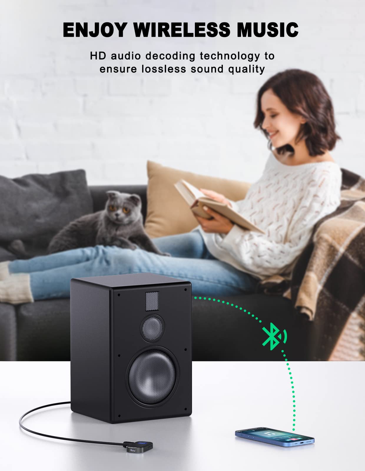 COMSOON Bluetooth AUX Adapter for Car, Noise Reduction Bluetooth Receiver for Music/Hands-Free Calls, Wireless Audio Receiver for Home Stereo/Speaker, 16H Battery Life/Dual Connect (All Black)