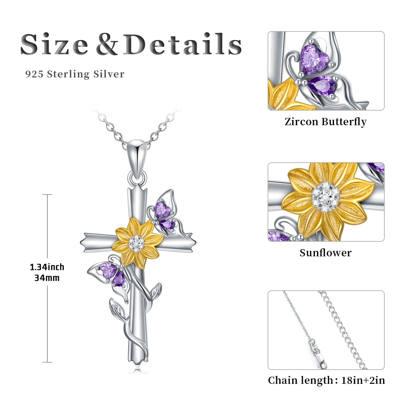 KoyeKei Butterfly Sunflower Necklace for Women 925 Sterling Silver Double Butterfly Cross Necklaces Pendant Christian Sunflower Jewelry Gifts Mothers Day Graduation Gift for Mom Wife Sister