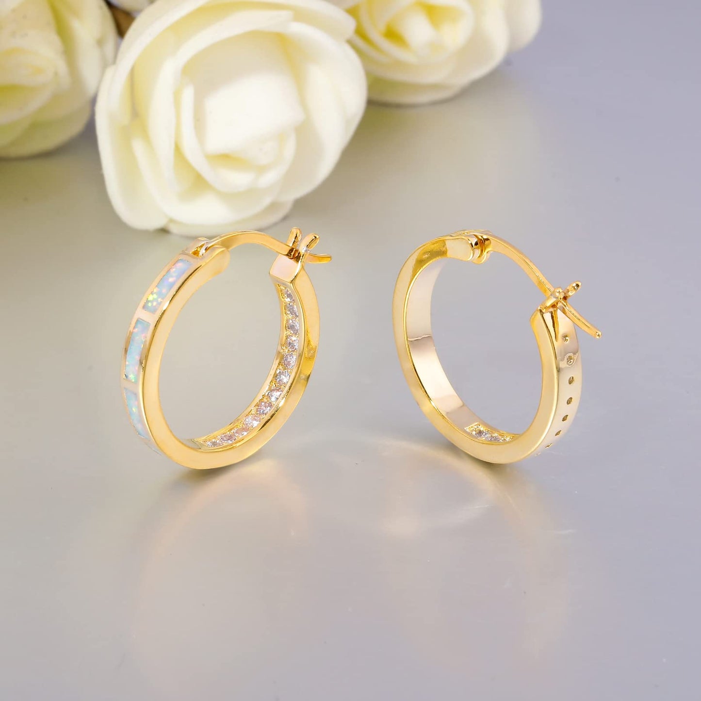 CiNily Hoop Earrings for Women Hypoallergenic Yellow Gold Plated White Diamond Statement Earrings Small Hoop Earrings Jewelry Opal Ear Hoops Gemstone Round Hoops for Ladies 20 mm
