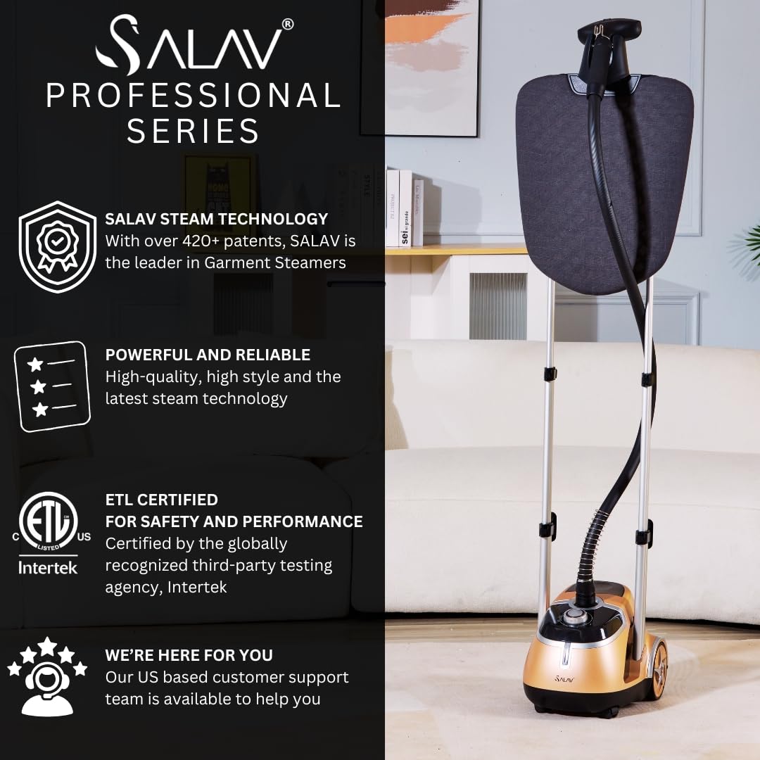 SALAV® Professional Garment Steamer with Built-in Ironing Board, 1500W Continuous Steam, 4 Steam Settings, Chrome Finish, Stainless Steel Steam Plate, Removable 1.8L Tank, Wheels for Easy Movement