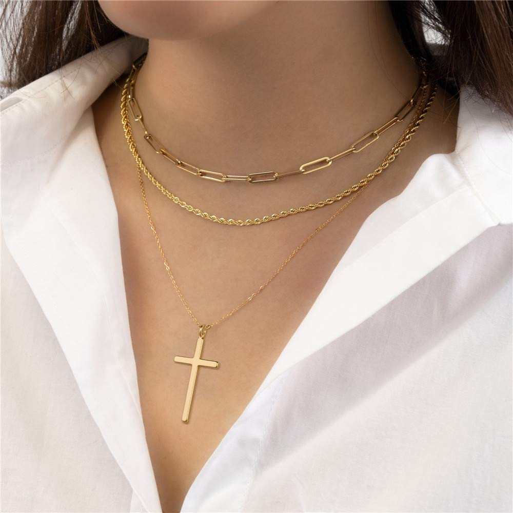 Turandoss Layered Cross Necklaces for Women, Layered Cross Link Necklace Layering Chain Necklaces for Women