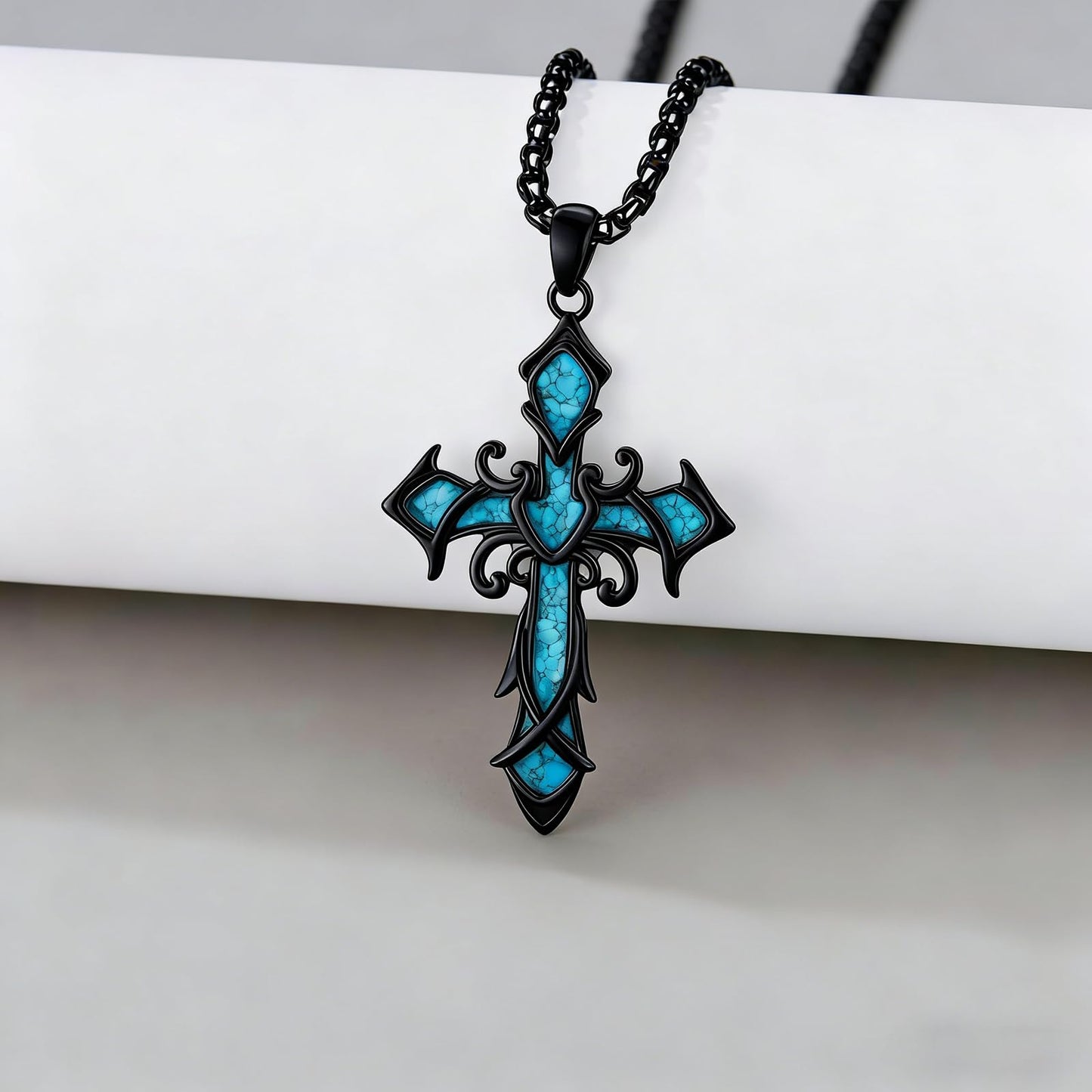 YEESIA Cross Necklace for Men Women, 925 Sterling Silver, Black Cross Pendant Necklace with Turquoise, Christian Jewelry, Gift for Men Women