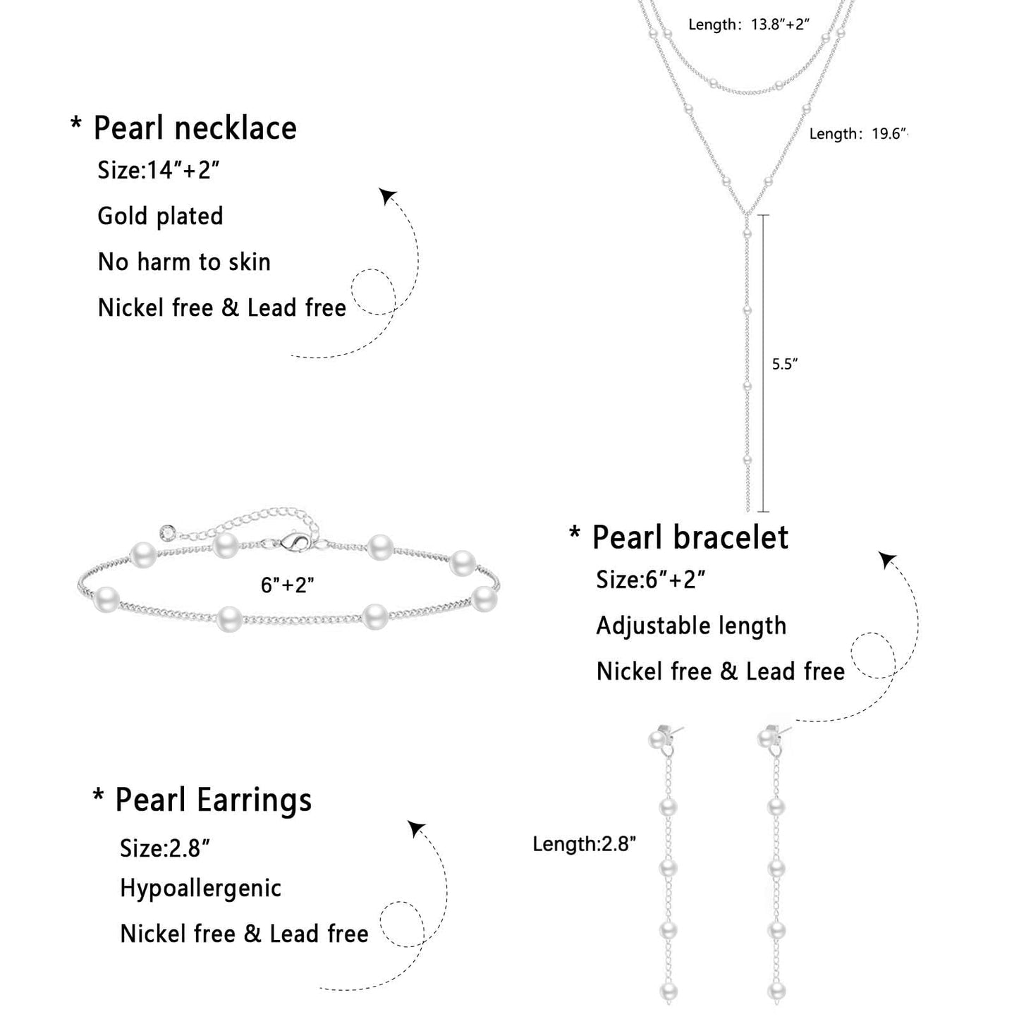 Zeffy Lariat Long Silver Necklace for Women Silver Jewelry Set Dainty Layered Pearl Y Necklaces Pearl Drop Earrings Bracelets Trendy Wedding Bride Jewelry Gift