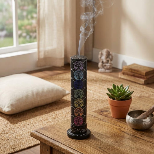 Ajuny Marble Incense Stick Tower Burner Tree of Life Carving Round Tealight Candle Stand Black Incense Stick Holder with Ash Catcher for Yoga Meditation Fragrance Home and Office Décor (10.5 Inch)