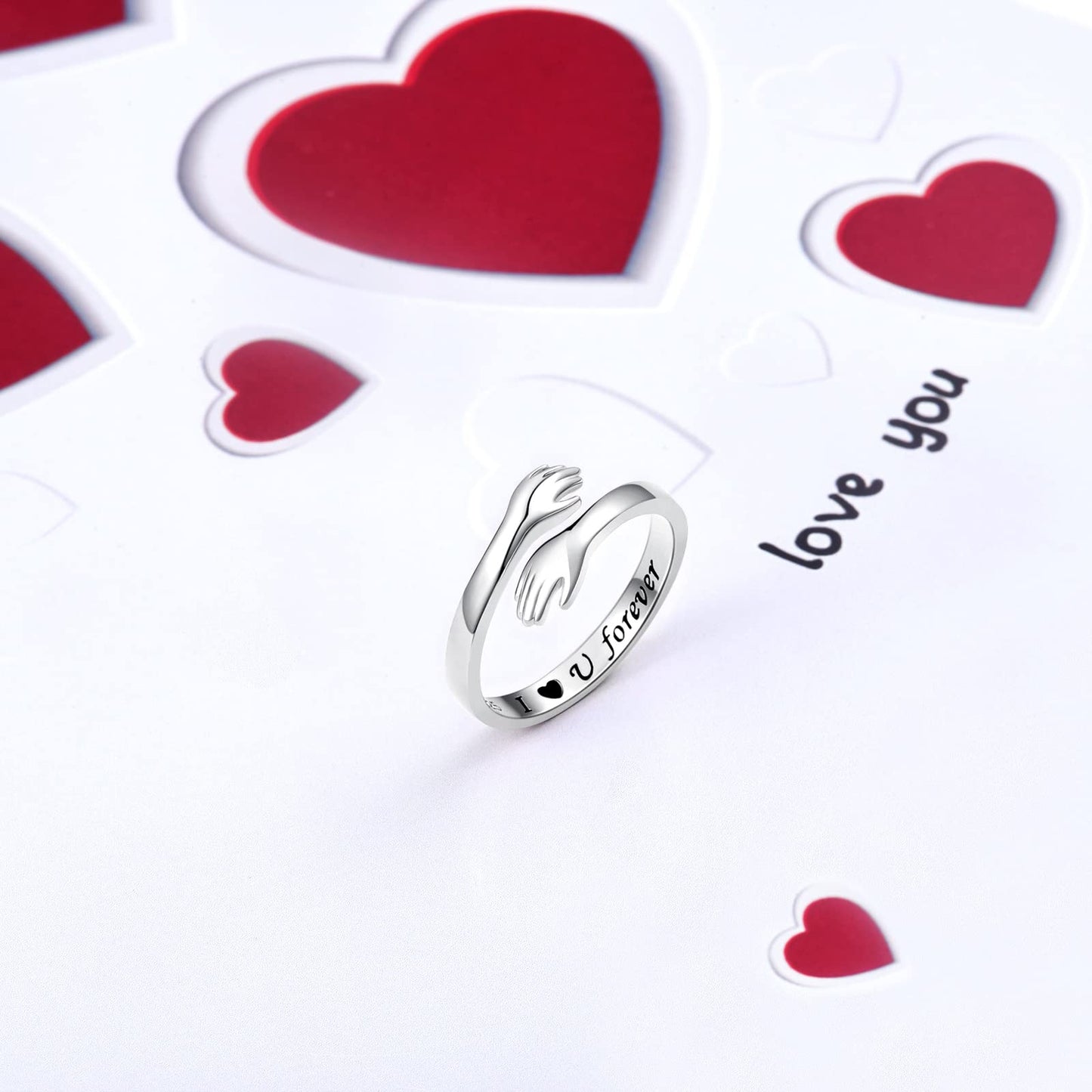 925 Sterling Silver Adjustable Hug Ring Come to My Arm Couple Hugging Rings for Women Mens Wedding Band Rings I Love You Forever Engraved Wrap Around Rings Hand Ring Jewelry for Women Teens (Silver)