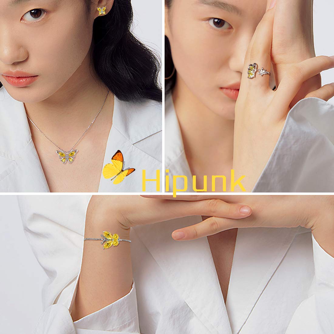 Hipunk Butterfly Yellow Jewelry Sets Birthstone Women 925 Sterling Silver November-Citrine Birth Stone Animal Butterflies Jewelry Sets/Earring/Ring/Bracelet Set Crystal Birthday Jewelry SS0003N
