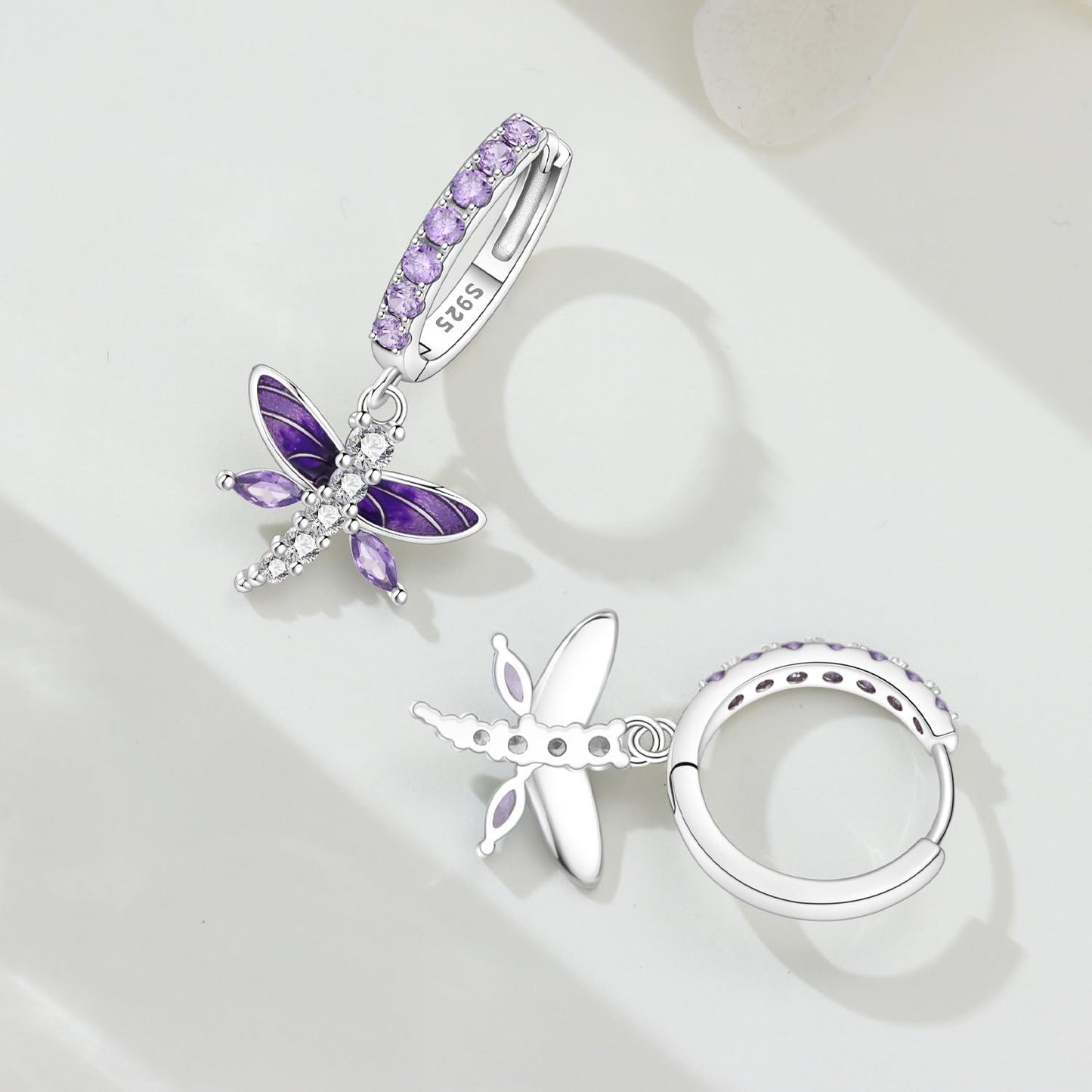 vireau 925 Sterling Silver Drop Earrings Dragonfly Flower Moon Star Dangle Earrings Hypoallergenic Sterling Silver Earrings Jewelry for Women (Purple Dragonfly)