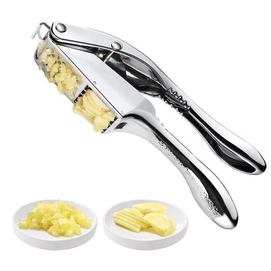 Garlic press and slicer 2 in 1,Effortlessly Crush, Slice, and Mince Garlic,with this Versatile Kitchen Tool - Perfect for Home Cooks and Professional Chefs Alike. (Silvery)