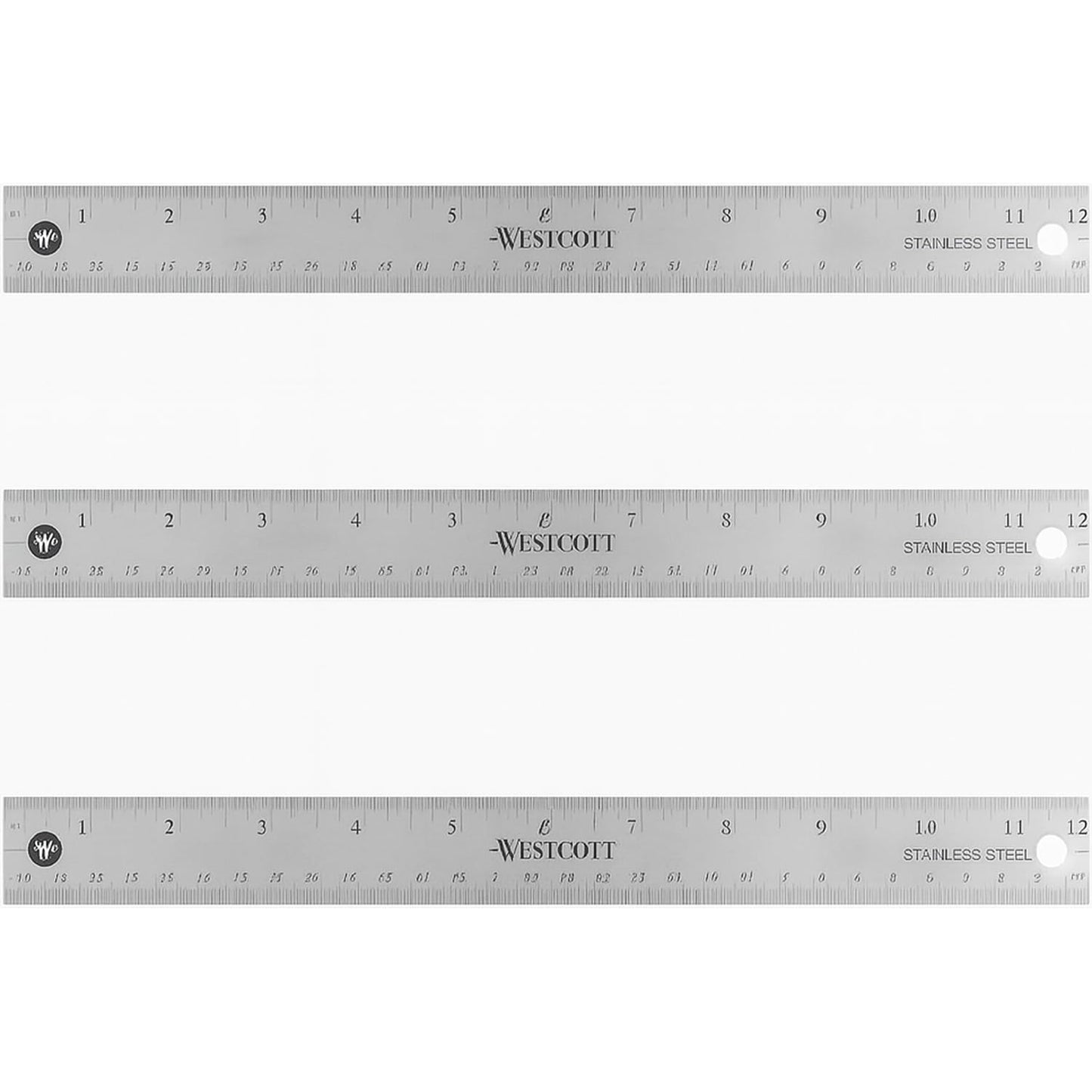 Westcott Stainless Steel Ruler Set with Non-Slip Cork Backing, Easy to Read Etched Markings, Flexible and Sturdy Design, for Crafting, Office, Classroom, Back to School Supplies, 12-Inch, 3 Pack