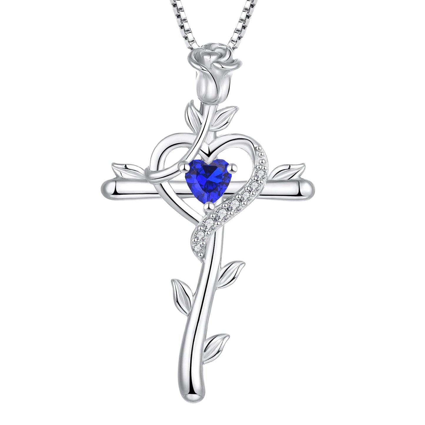 STARCHENIE Rose Cross Necklace 925 Sterling Silver Heart Crucifix Pendant Created Sapphire Jewelry for Women