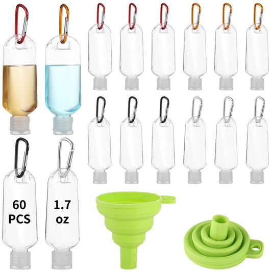 60 PCS Keychain Empty Hand Sanitizer Bottles - 1.7 oz Portable Keychain Travel Bottles, Empty Squeeze Plastic Bottle with Flip Cap, Refillable Containers with 2 Foldable Funnels for Shower Gel Lotion