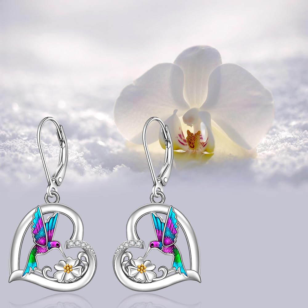 Hummingbird Earrings for Women Sterling Silver Purple Hummingbird Dangle Heart Flower Cute Bird Jewelry Filigree Memorial Mothers Day Healing Gifts