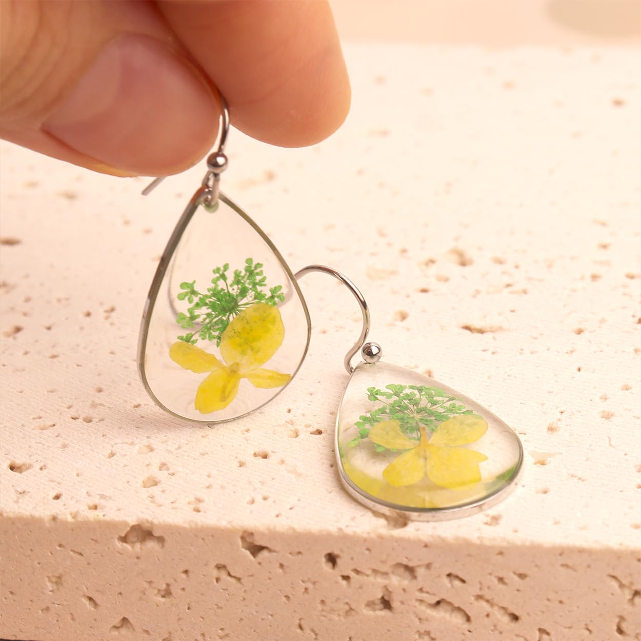 JeanBeau Handmade Pressed Flower Earrings for Women, Unique Resin Nature Dried Flowers Sterling Silver Teardrop Dangle Drop Statement Yellow Lime Green Floral Earings Fashion Summer Jewelry Gift