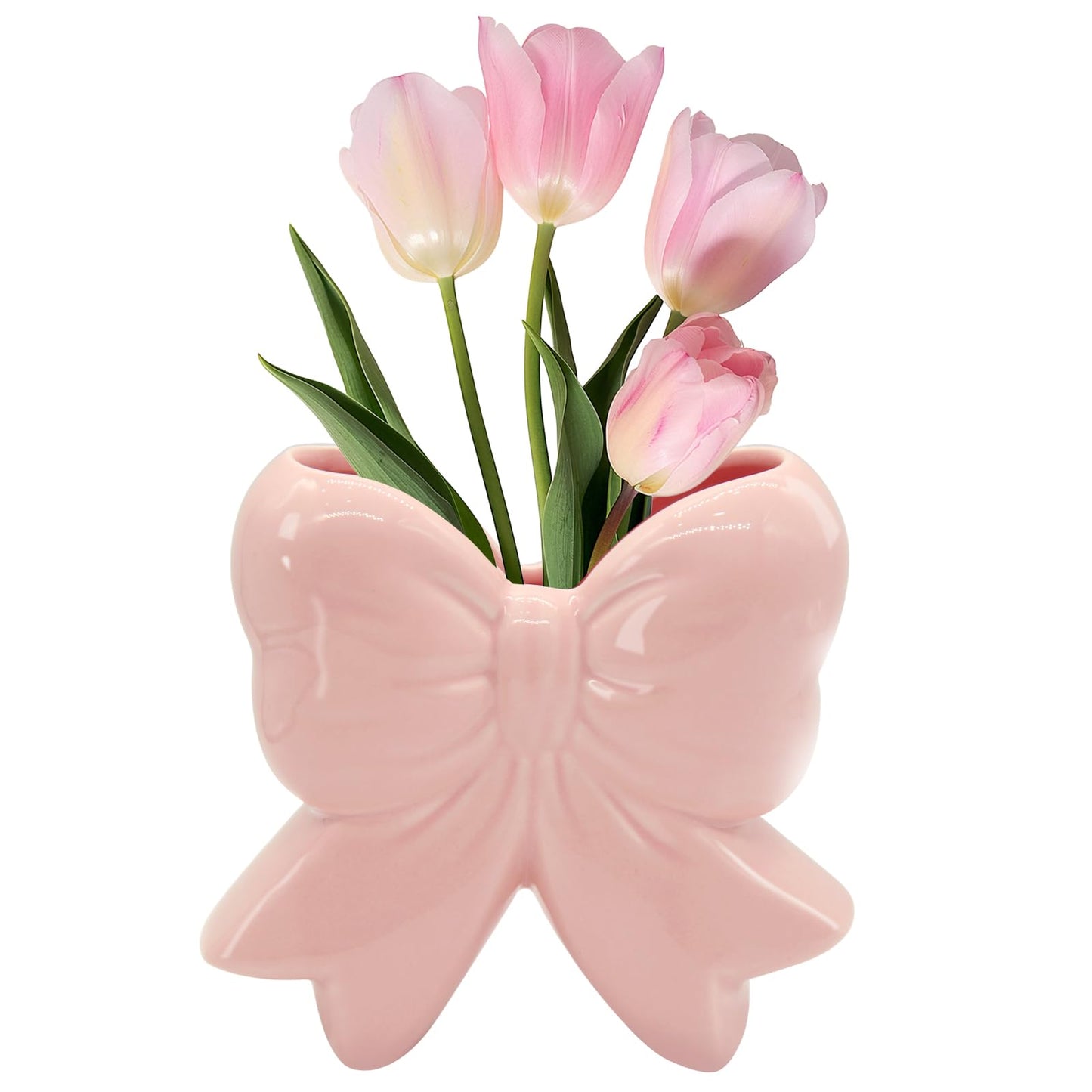 Coquette Vase Bow Ceramic Pen Holder Makeup Brush Holder, Contemporary Design Decorative Women Gifts for Home Office Shelf Table Living Room Classic Pink