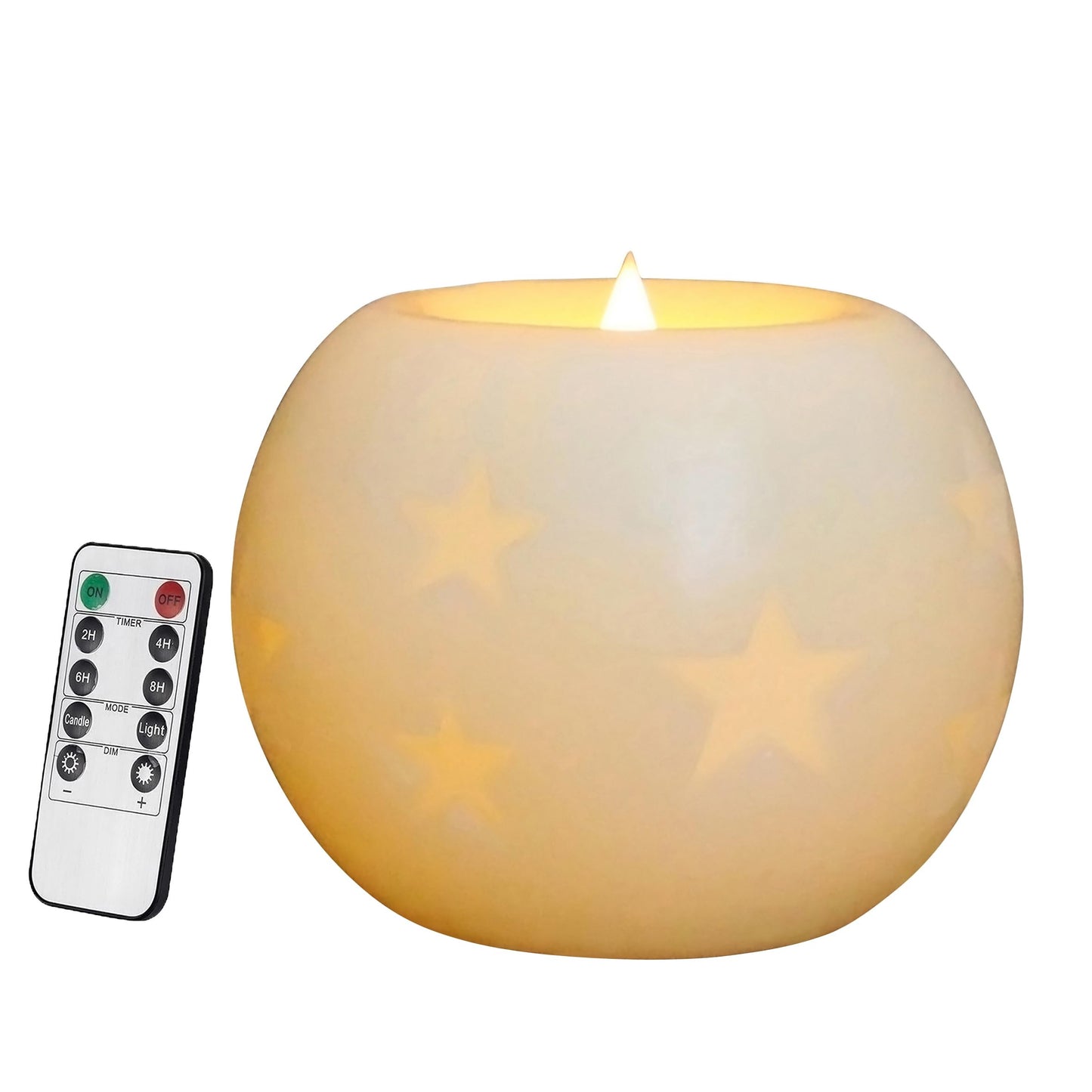 CVHOMEDECO. Moon Sphere Wax LED Dancing Flame Candle Ball Battery Operated Wax LED Flameless Candle with Timer and Remote Control (5" Dia. X 4"" H)"