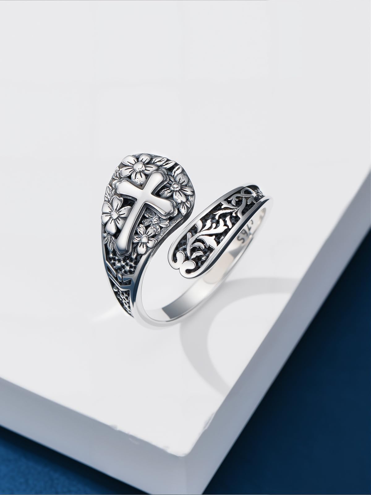 Midari Spoon Rings for Women 925 Sterling Silver Cross Flower Rings Adjustable Oxidized Vintage Flower Faith Finger Thumb Rings Cross Flower Faith Jewelry for Women Daughter Birthday Christmas Gifts