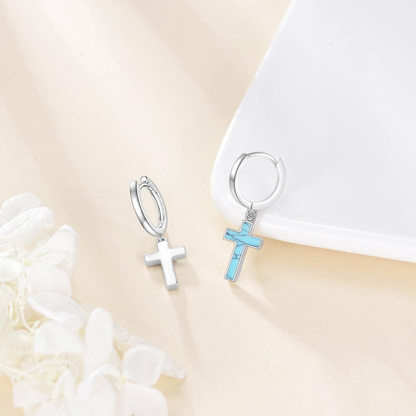 Sterling Silver Hanging Cross Earrings Turquoise Cross Dangle Drop Hoop Earrings for Women Men Religious Jewelry Gifts