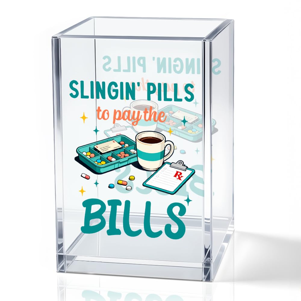 MGLZXLU Slingin' Pills To Pay The Bills Acrylic Pencil Pen Holder Cup, Pharmacy Job Worker Makeup Brush Storage Organizer, Funny Healthcare Worker Desk Accessories Holder Gifts for Nurse & Pharmacist