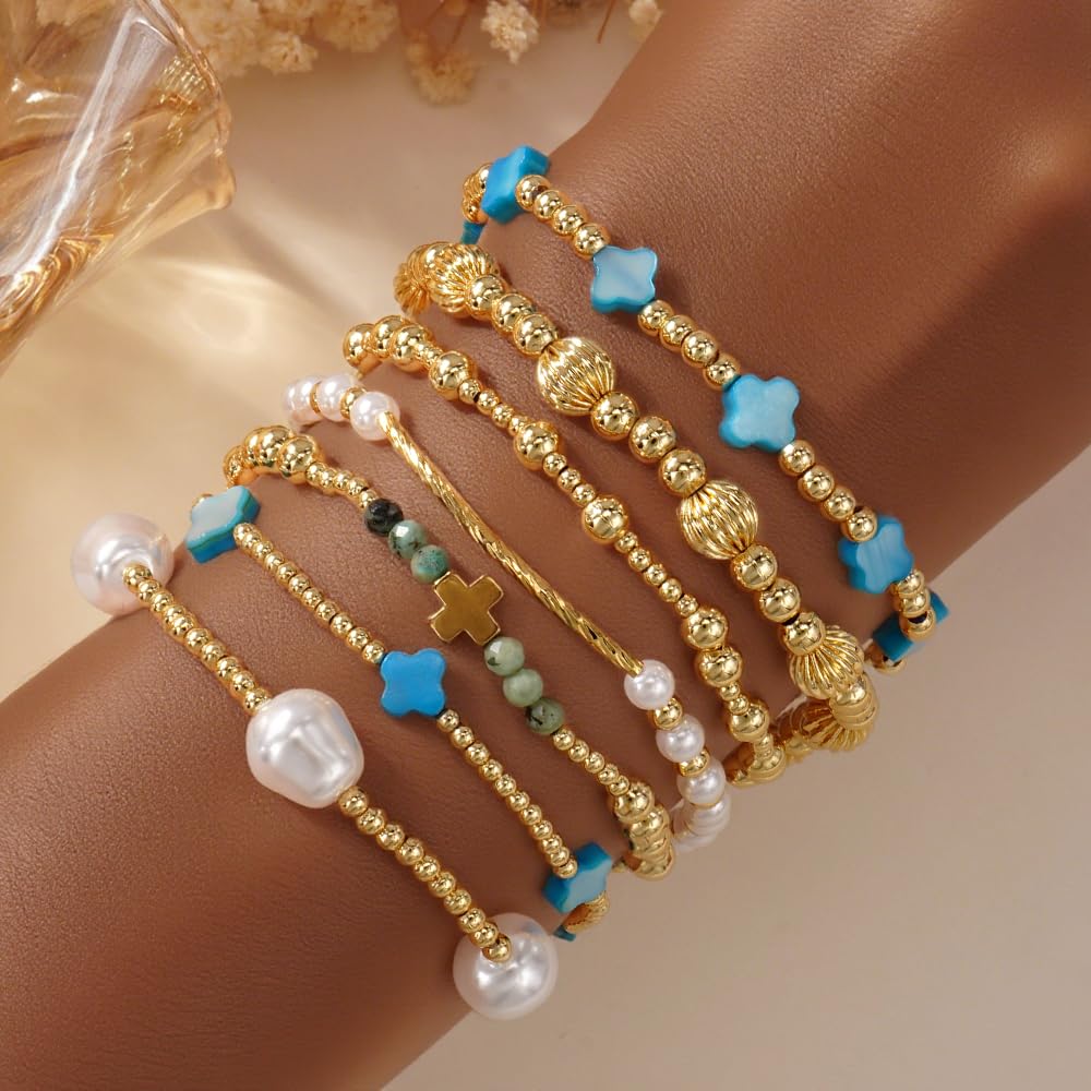 SHINUS BOHO 14K Gold Beaded Blue Clover Stackable Bracelets for Women,7PCS/Set Boho Cross Pearl Beads Stretch Bracelets Stack Fashion Holiday Birthday Prom Jewelry Accessories Gift Friendship Sister