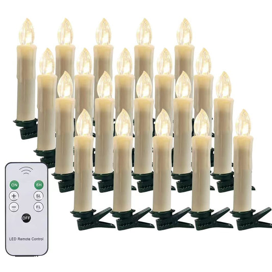 20 PCS Flameless LED Window Candles with Remote Controls and Timers, Christmas Tree Candle Lights, Battery Operated Taper Candles for Chandeliers Party Easter Decoration, Warm White Light with Clips