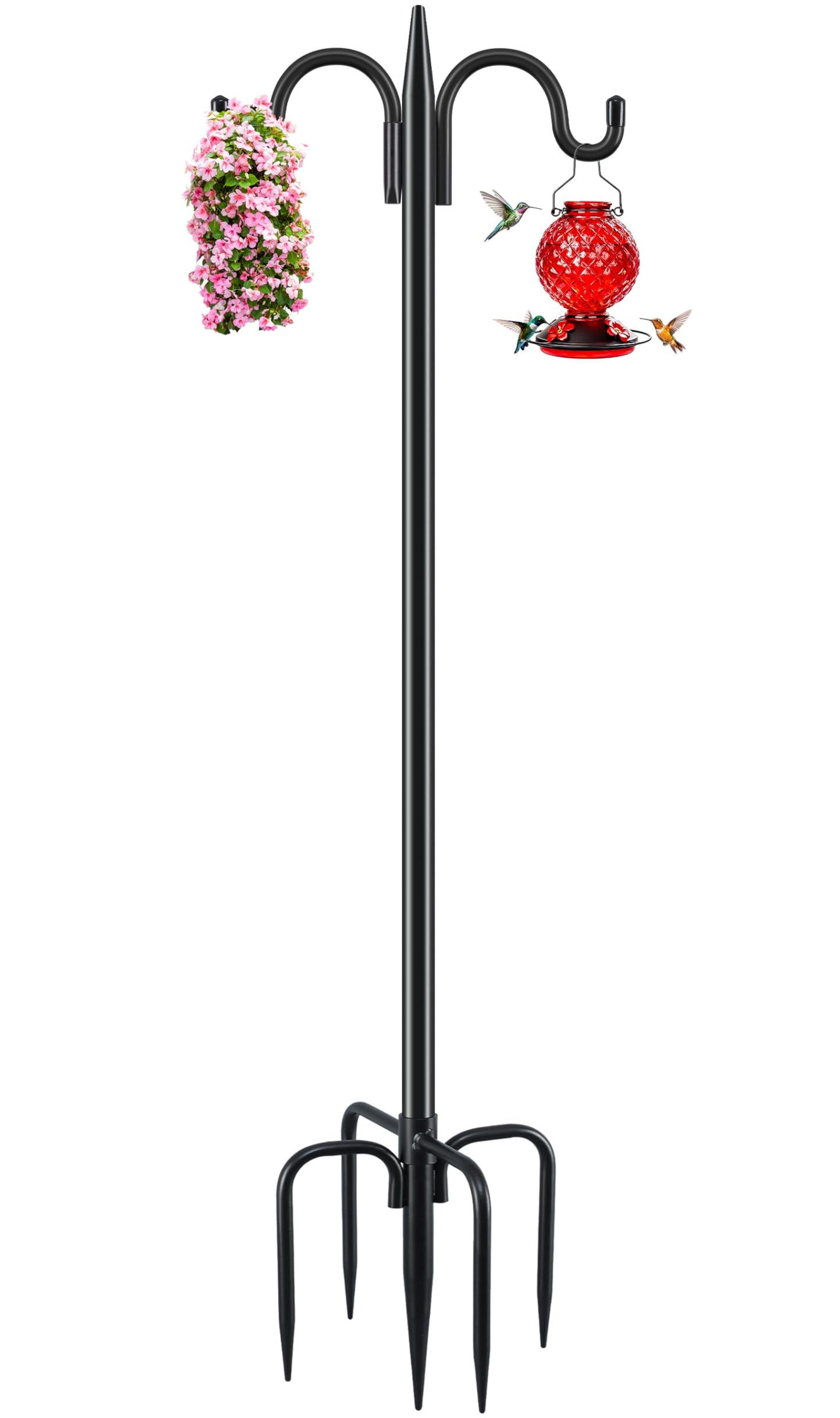 Gtongoko Double Shepherds Hook 92 Inch Bird Feeder Pole 1 Pack 3/4 Inch Thick Heavy Duty Garden Hooks for Outdoor Hanging Hummingbird Feeder, Plant Baskets, Solar Light Lanterns, String Light