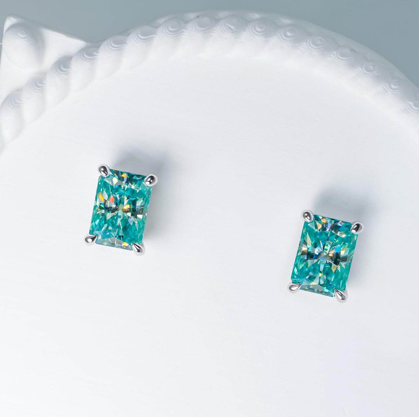 GIGAJEWE Blue Green Color Moissanite Stud Earrings Radiant Cut Moissanite Earrings 2.0ct/pair,18K Gold Plated 925 Steling Silver, Stud Earrings For Women (Cyan)