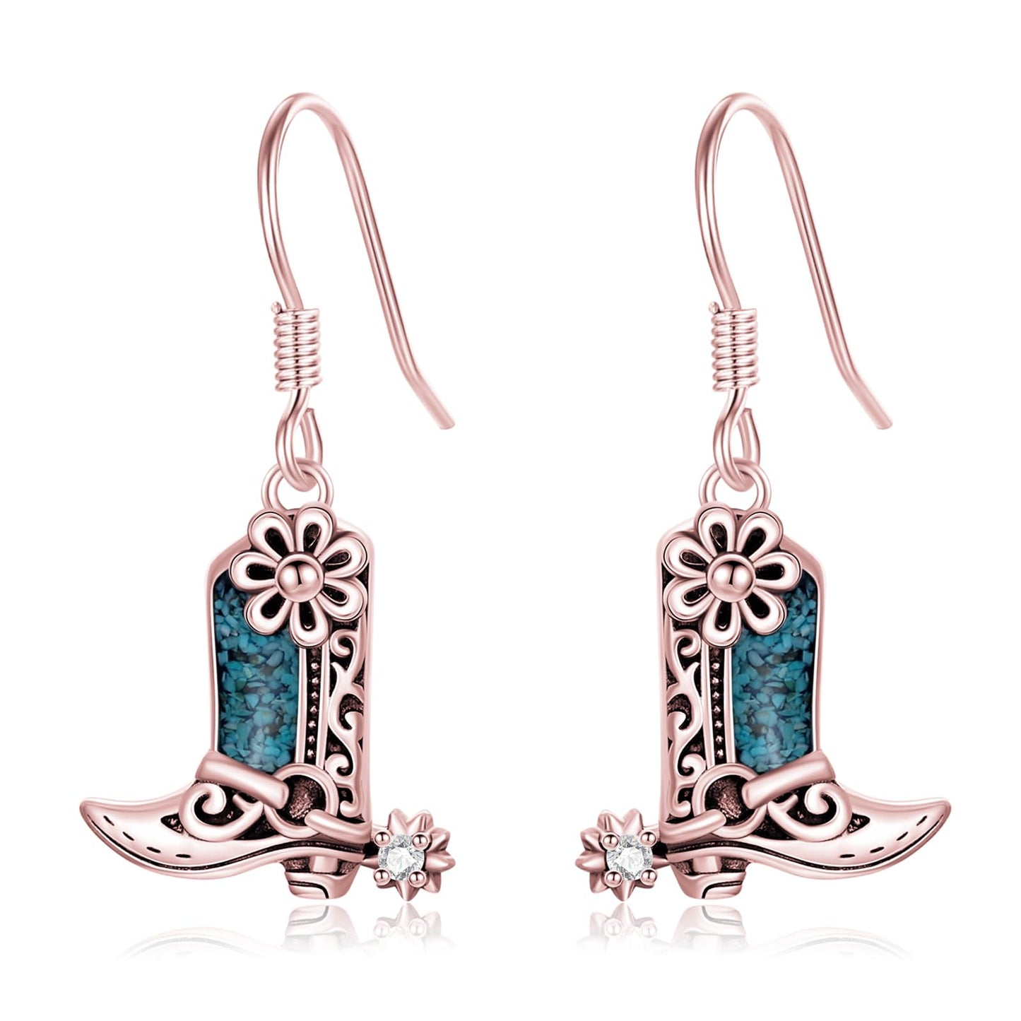 KoyeKei Rose Gold Cowboy Boot Earrings 925 Sterling Silver Pink Cowgirl Texas Boot Dangle Drop Earrings Western Turquoise Jewelry Country Gifts for Women