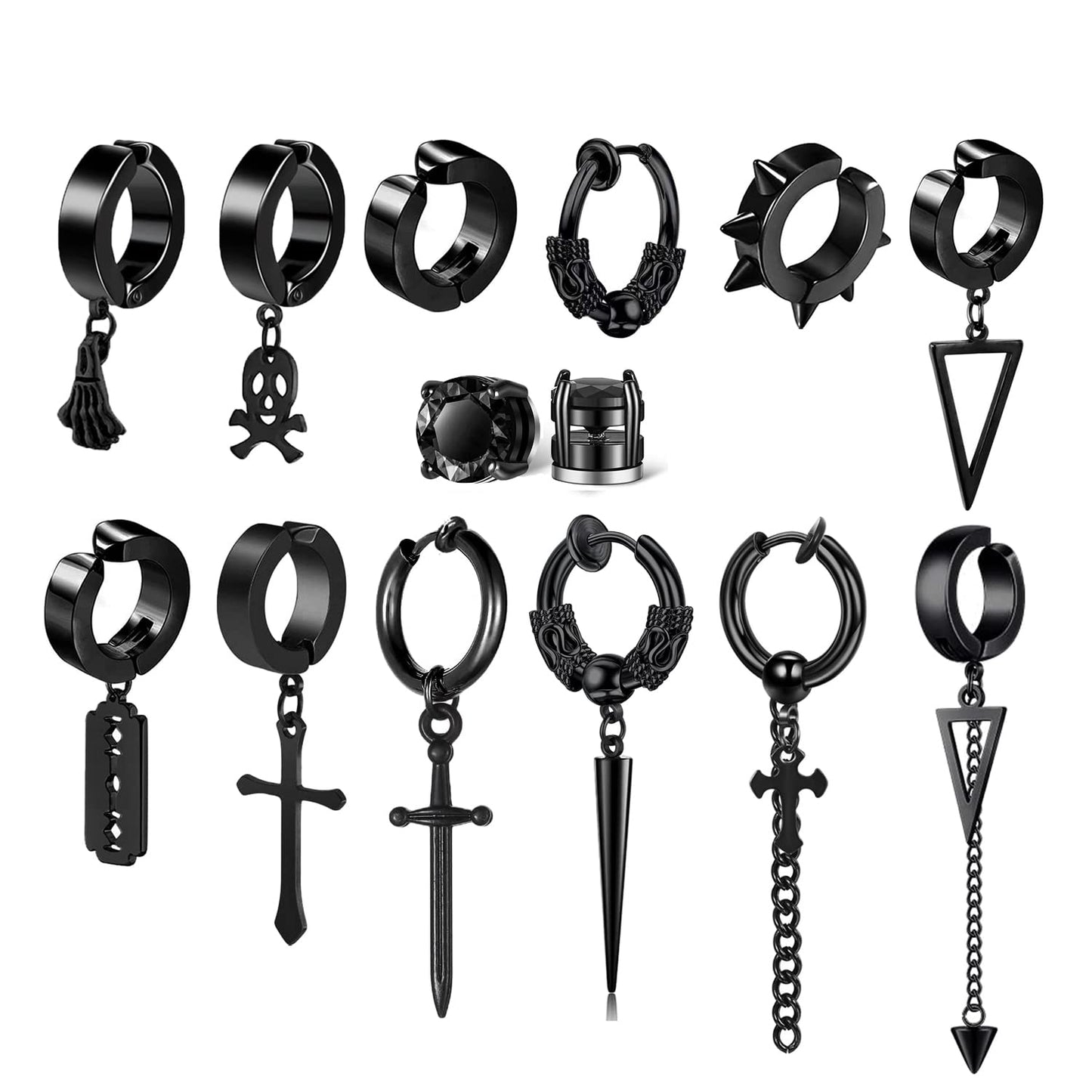 14 Pcs Black Punk Stainless Steel Fake Piercing Cross Dagger Sword Spike Rivet Triangle Dangle Tassel Clip on Hoop Earrings Set for Women Men, Non Pierced Fake CZ Stud Earrings
