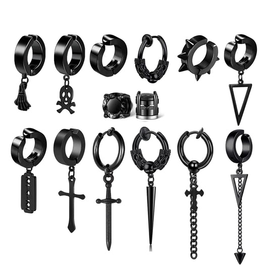 14 Pcs Black Punk Stainless Steel Fake Piercing Cross Dagger Sword Spike Rivet Triangle Dangle Tassel Clip on Hoop Earrings Set for Women Men, Non Pierced Fake CZ Stud Earrings