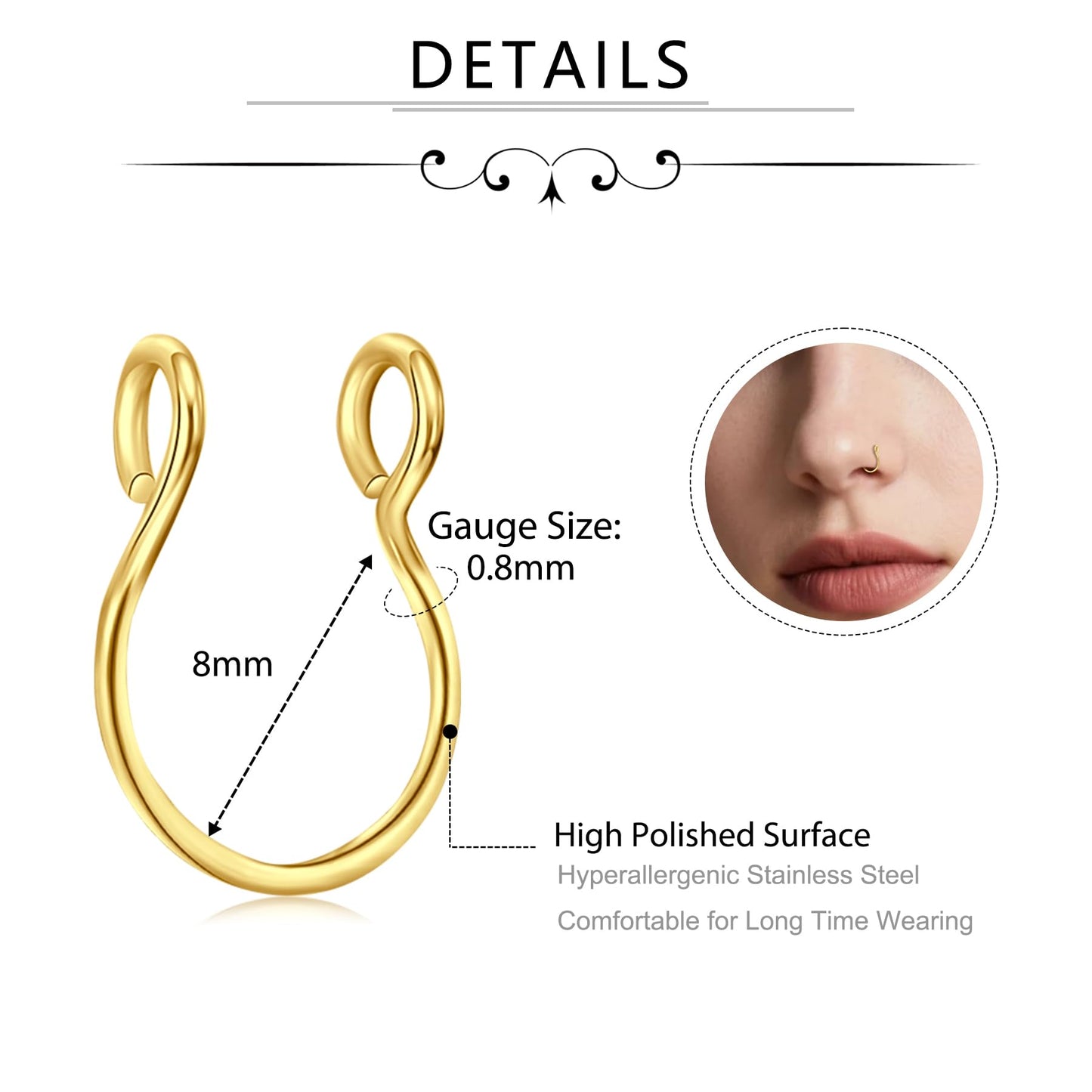 D.Bella Fake Nose Rings Hoop 20 Gauge Non Piercing Stainless Steel Clip-on Fake Faux Septum Clicker Nose Hoop Ring Piercings Jewelry for Women Men