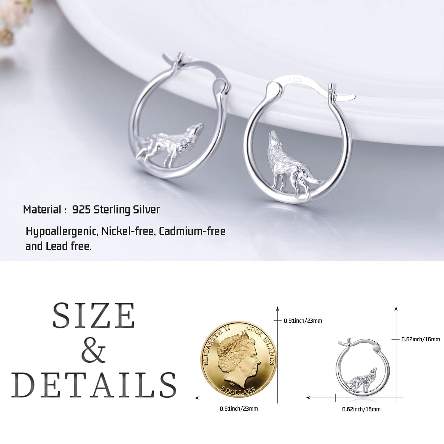 Hypoallergenic Wolf Hoop Earrings for Women Girls Sterling Silver Small Animal Huggie Hoop Earrings for Sensitive Ears Wolf Jewelry Graduation Gifts