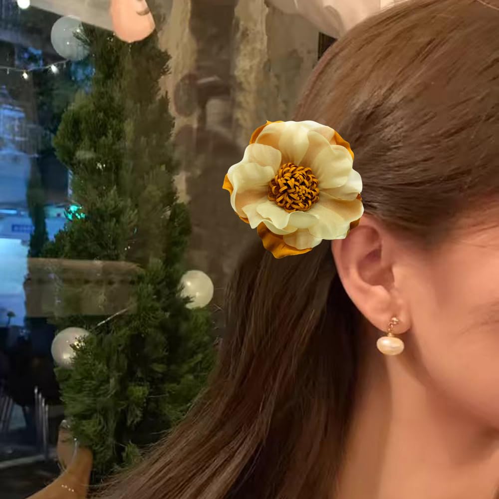 Elegant Large Cloth Flower Brooches Big Camellia Flower Pin for Women Dainty Cloth Fabric Rose Brooches Dress Skirt Scarf Hat Pins Clothing Decoration Accessories (Yellow brooch)