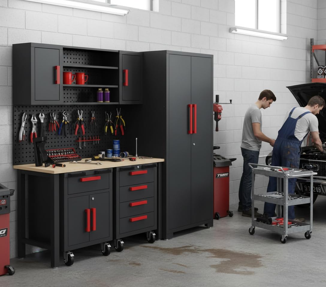 Tsnritor Garage Cabinets Storage System, 6PCS Workshop Set with Steel Cabinet Drawers, Rolling Chest, Workbench, Pegboard for Tool Organization,Grey Red