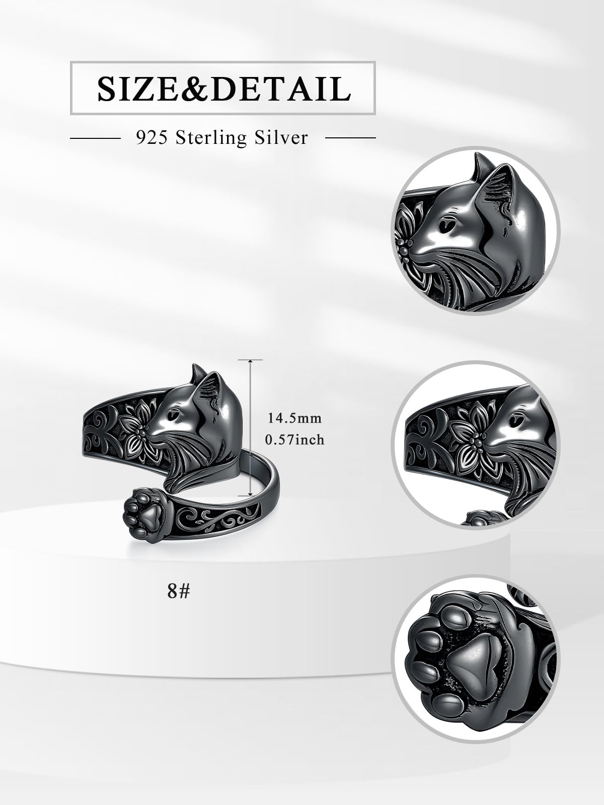 Midari Black Cat Spoon Rings for Women Sterling Silver Adjustable Halloween Vintage Finger Thumb Balck Paw Print Ring Kitty Jewelry Cat Lovers Birthday Halloween Christmas