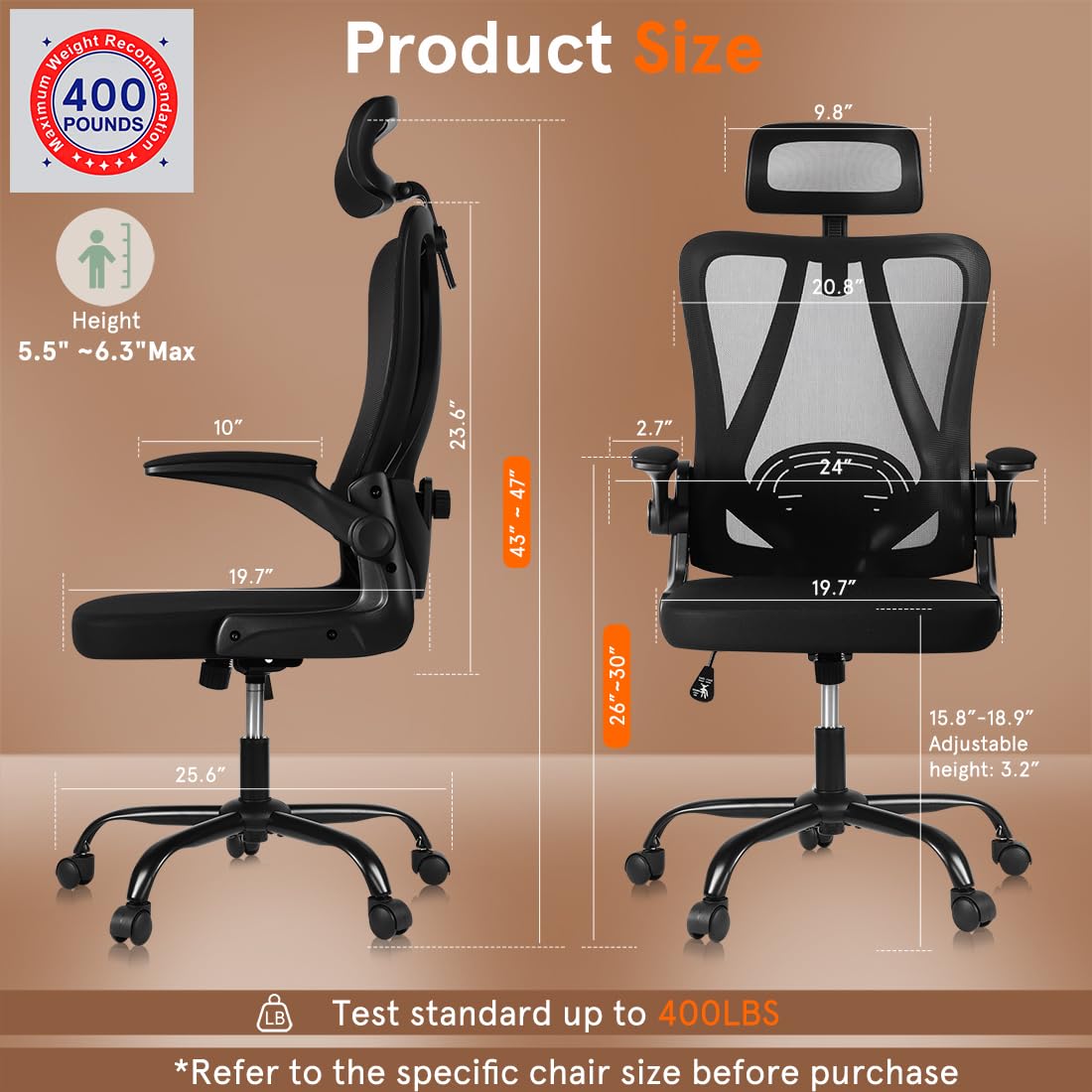 Ergonomic Office Chair, 400 LBS Office Chair Computer Rolling Comfortable Gaming Mesh Office Chair with Adjustable Lumbar Support High Back Desk Chair for Home Work (Lower)